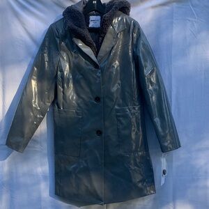 Jane Post Shiny Gray Trench Coat with Faux Fur